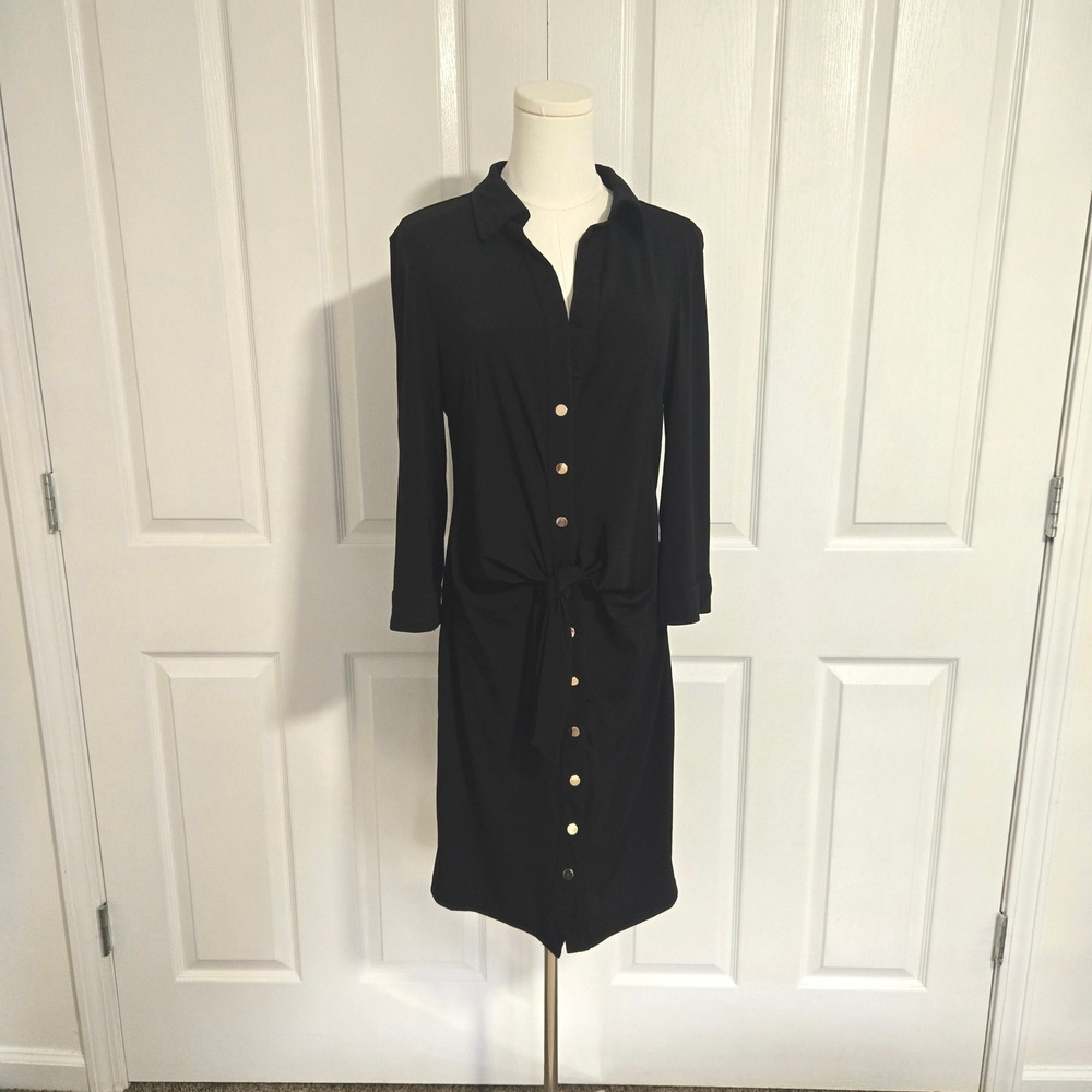 Philosophy Republic Clothing Shirt Dress Womens L Black Gold Button Front Tie